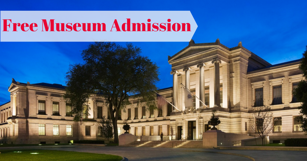  The image shows the facade of a classical building with a grand staircase leading up to it, with text reading 'Free Museum Admission' superimposed on the right side of the image in red and white.