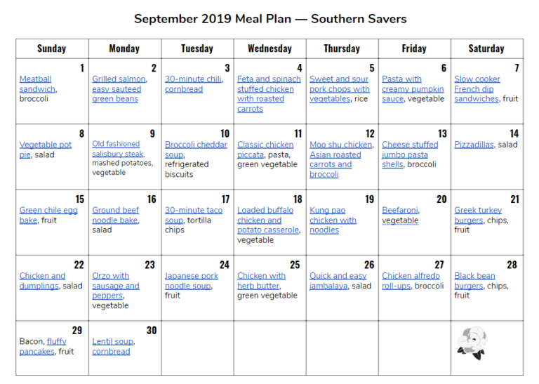 Monthly Meal Plan: September 2019 :: Southern Savers