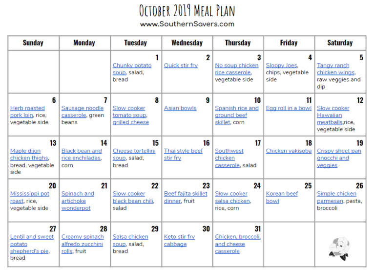 Monthly Meal Plan: October 2019 :: Southern Savers