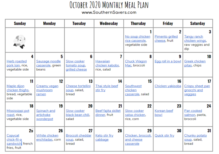 October 2020 Monthly Meal Plan :: Southern Savers