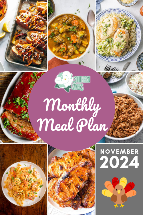 This November 2024 Monthly Meal Plan is free and gives you a whole month's worth of ideas for dinner inspiration to keep you on budget!