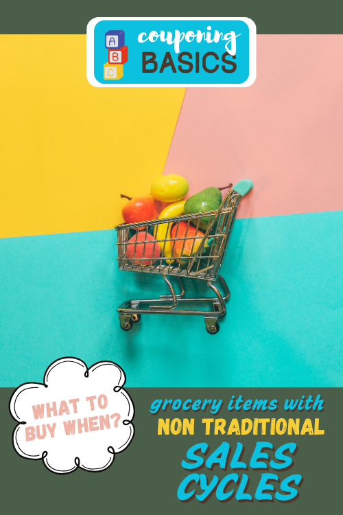 Most grocery store items go on sale cyclically throughout the year, but some are non traditional! Here's a list of what to buy when to save money!